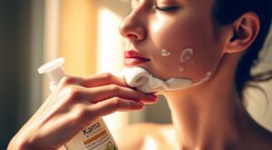 A high-quality, close-up view of a person's hand gently applying a luxurious, creamy facial cleanser onto their freshly washed face. The skin appears glowing and rejuvenated, with a soft, dewy finish. The background is blurred, allowing the focus to remain on the hand and face. Warm, natural lighting casts a soothing glow, creating a serene and relaxing atmosphere. The facial cleanser bottle prominently displays the "Kama Ayurveda" brand name. The overall scene conveys the proper, effective way to use a face wash, as described in the "फेस वुश का सही उपयोग: जरूरी सलाह" section. healthdoctor.in