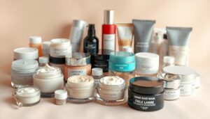 A lush arrangement of various cream-based cosmetic products, meticulously displayed on a soft, neutral-toned background. The foreground features an assortment of jars, tubes, and bottles in a range of hues and textures, including thick, creamy moisturizers, delicate BB creams, and luxurious face masks. The middle ground showcases the products in a natural, well-lit setting, with gentle shadows and highlights accentuating their form and materiality. The background is a soft, diffused backdrop, creating a sense of depth and focus on the displayed items. The overall composition evokes a sense of elegance, sophistication, and attention to detail, reflecting the high-quality nature of the featured creams.