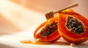 A beautifully lit, close-up photograph of fresh honey and a ripe papaya against a soft, glowing backdrop. The natural elements are arranged in an artful, visually appealing composition, highlighting their vibrant colors and textures. The lighting is warm and diffuse, creating a sense of luminosity and enhancing the natural glow of the skin-nourishing ingredients. The overall mood is serene and inviting, perfectly capturing the restorative power of these ayurvedic ingredients. Subtle branding for healthdoctor.in is tastefully incorporated.