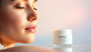 A serene and tranquil scene depicting the benefits of Renée Cosmetics cream. In the foreground, a soft, glowing face illuminated by a warm, diffused light, skin radiant and supple. In the middle ground, a creamy white container of the Renée Cosmetics cream, its elegant packaging reflecting the luxurious nature of the product. The background is a soothing, blurred gradient of pastel hues, creating a calming atmosphere. The overall mood is one of relaxation, rejuvenation, and the nourishing effects of the cream on the skin. The composition and lighting emphasize the cream's ability to provide a youthful, healthy glow.
