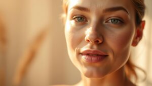 A soft, luminous close-up portrait capturing the radiant effects of a luxurious cream on the skin. The foreground reveals a serene, youthful visage with a glowing, hydrated complexion, subtle highlights playing across the cheekbones and forehead. The middle ground blurs gently, hinting at the application of the product, while the background fades into an ethereal, atmospheric softness, conveying a sense of tranquility and rejuvenation. Warm, diffused lighting bathes the scene, creating a warm, inviting mood. Shot with a shallow depth of field using a telephoto lens to emphasize the skin's plump, dewy texture.